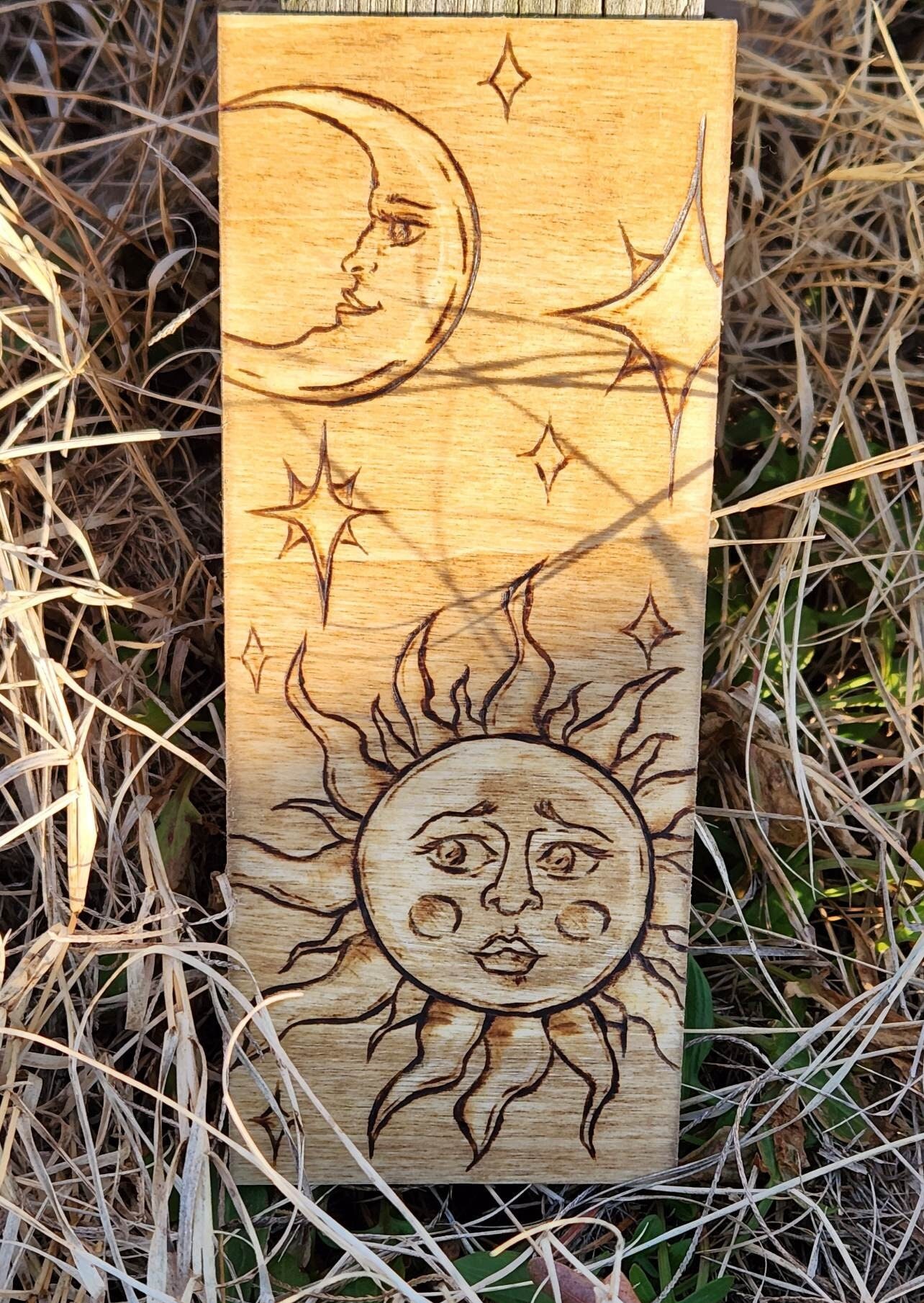 Sun and Moon Wood Art, Woodburned Sign, Gothic Wood Panel, Pyrography ...