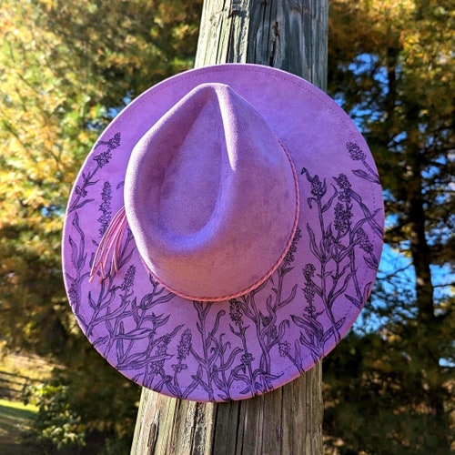 Lavender Fedora, Hand Burned Flower Cowboy Hat, Faux Suede  display picture 2