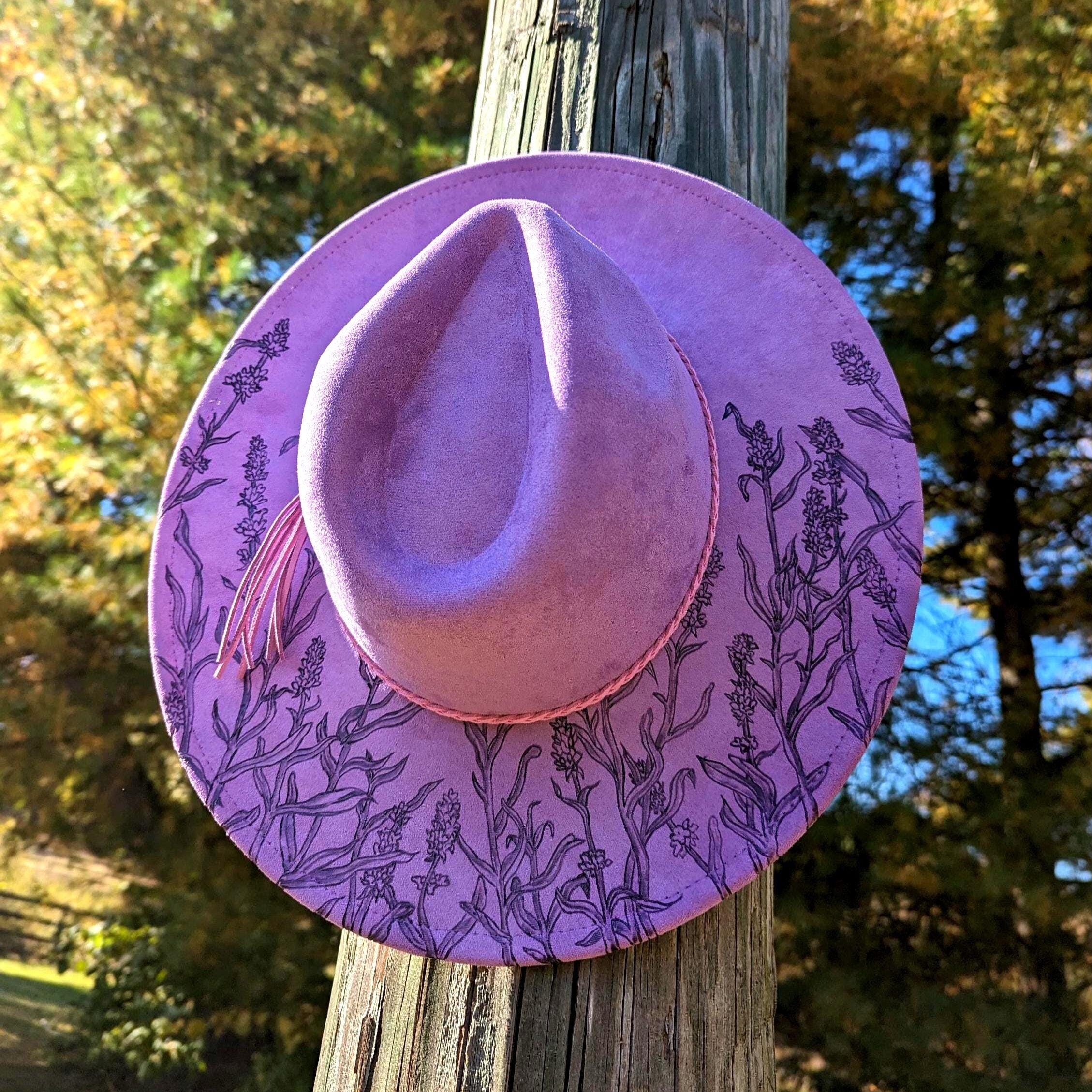 Lavender Fedora, Hand Burned Flower Cowboy Hat, Faux Suede  display picture 2