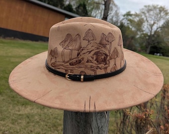 Raven Skull Hat, Hand Burned Cowboy Hat, Faux Suede Fedora, Gothic Wide Brim Hat, Dark Cottagecore Accessory, Mushroom Clothing For Women