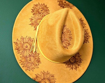 Burned Sunflower Hat, Vegan Suede Wide Brim Hat, Hand Burned Western Hat, Floral Cowgirl Hat, Flower Lover Gift, Gift For Gardening Woman