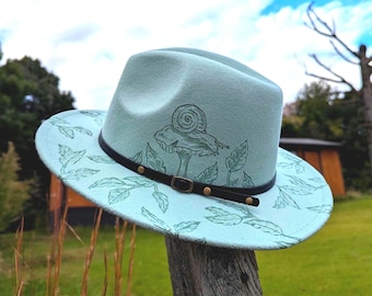 Snail Hat, Hand Burned Fedora, Cottagecore Gifts, Mycology Gift, Mushroom Themed Gifts, Gift For Nature Lover, Witchy Gifts For Best Friend