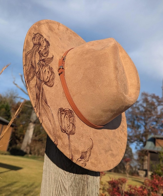 Tulip Hat, Floral Burned Hat, Wide Brim Fedora Hat Women, Gift for