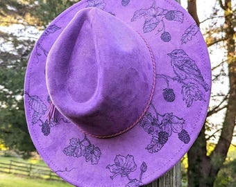 Chickadee Hat, Burned Wide Brim Fedora, Blackberry Accessory, Gift For Bird Watcher, Cottagecore Gift For Women Floral, For Nature Lover