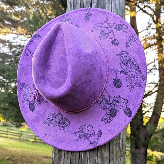Chickadee Hat, Burned Wide Brim Fedora, Blackberry Accessory, Gift For Bird Watcher, Cottagecore Gift For Women Floral, For Nature Lover