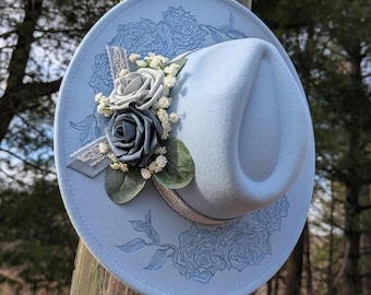 Rose Hat Burning, Burned Floral Flat Brim Hat, Hand Burnt Blue Cowboy Hat, Christmas Gift For Bride To Be, Something Blue For Wedding