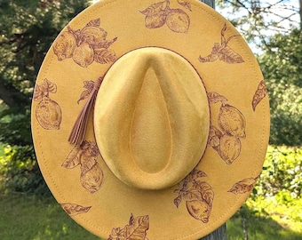 Lemon Hat, Burnt Wide Brim Hat, Hand Burned Cowboy Hat, Fruit Accessories, Summer Fedora Hats For Women, Cottagecore Gift, Gift For Gardener