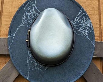 Spiderweb Hat, Hand Burnt Fedora, Vegan Wide Brim Hat, Goth 
