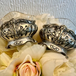 Può includere: Due saliere antiche argentate con decorazioni floreali e a foglie ornate. Ognuna ha un inserto in vetro trasparente. Le saliere poggiano su un letto di fiori bianchi e rosa.