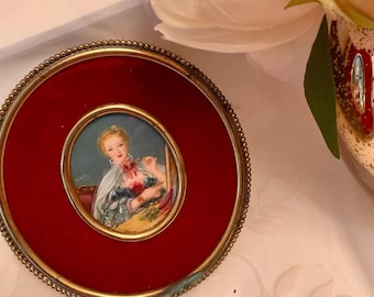 Stunning French Vintage Signed Painted Portrait of Beautiful Demure Woman C19th Lace BOW & Cape Beautiful Lady Beaded Brass Velvet Frame