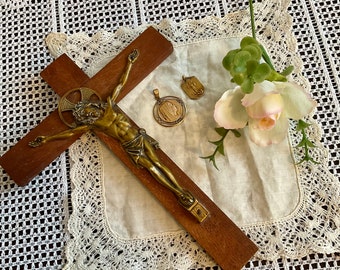 Pretty VINTAGE FRENCH Wood Crucifix Bronze Figure of Christ Lovely Patina~2 Pendants St Michael Gold Plated Stamp FIX Virgin Mary Gilt Medal