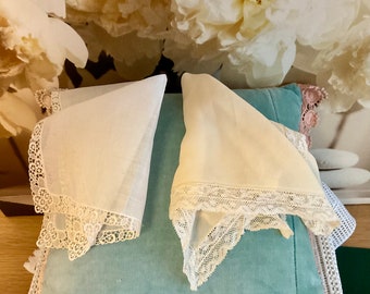 2 Beautiful Antique ~ Vintage Lace Ecru Cream French Wedding Handkerchiefs SOMETHING OLD Keepsake Fisba Stoffel Bride Bouquet Bridemaids