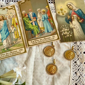 3 BEAUTIFUL Gilt VINTAGE FRENCH Prayer Lithograph Cards Jesus & Mary~3 Pretty Gilt Pendants St Therese Lisieux st Christopher Easter gift