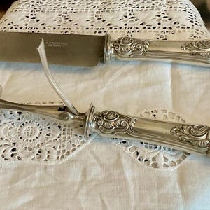 Antique Sterling SILVER French Handle Minerva Stamp Carving Dining set Art Nouveau Rococo Pattern fork guard Wedding ENGAGEMENT Anniversary