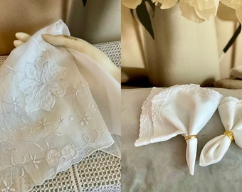 BEAUTIFUL VINTAGE HANDKERCHIEF Large Wedding Lace & Embroidery White Soft Cotton Raised  Embroidery Bouquet Appliqué Something Old Bride