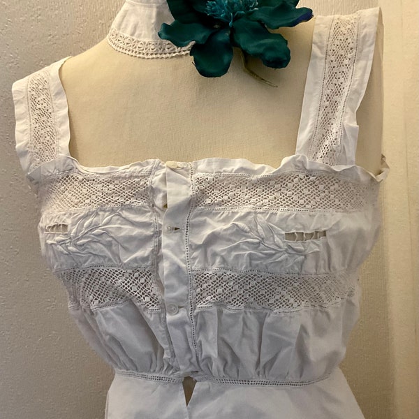 Beautiful French Crisp White Cotton Antique 1900 Monogram Corset Cover Pretty Crochet Lace Panels hand worked Leaves & Ladder work inserts