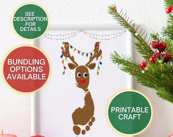 May include: A framed Christmas-themed print featuring a reindeer made from a footprint, adorned with colorful lights and a red nose. The text reads "Merry Christmas, I love you deerly!" and "Printable Craft."