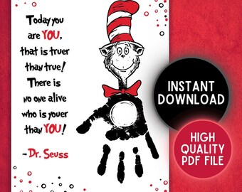 Dr. Seuss Cat In The Hat Book Handprint Art Craft Printable, Kids Toddler Baby DIY Footprint Keepsake Gift, Daycare Pre-K Digital Download