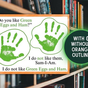 Groene eieren en ham Dr. Seuss boek handafdruk kunst ambachtelijke afdrukbare, kinderen peuter baby DIY voetafdruk aandenken, kinderdagverblijf pre-K digitale download