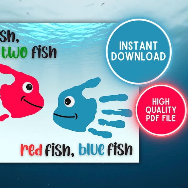 One Fish Two Fish Red Blue Fish Book Handprint Art Craft Printable, Kids Toddler Baby DIY Footprint Keepsake, Daycare Pre-K Digital Download