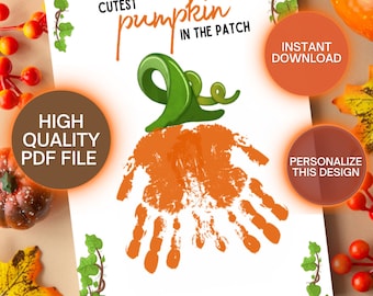 Herfst handafdruk kunst ambacht afdrukbaar, kindercadeau, peuter DIY, eerste herfst, babyaandenken, digitale instant download, voetafdruk, herfstpompoen