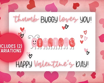 以下が含まれることがあります： 「thumb BUGGY loves YOU!」と「HAPPY Valentine's DAY!」のテキストが入ったバレンタインデーカード。指紋とハートで作られたイモムシが特徴です。赤い円は、カードに2つのバリエーションが含まれていることを示しています。