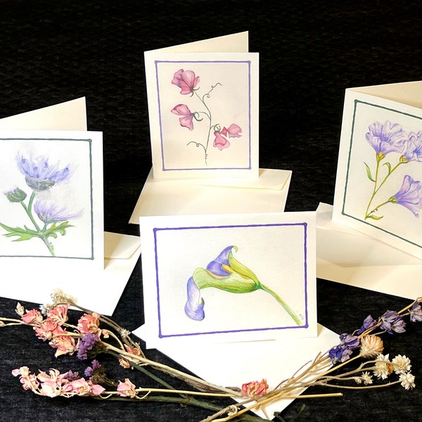 Watercolor Flowers. Set of eight, two of each. 5.5x4.25 inches. Dried flowers not included.
