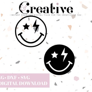 Lightning Bolt Star Smiley SVG, Retro Smiley Set, Trendy Decal Files, cut files for cricut, svg, png, dxf