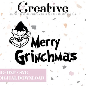 May include: Black and white digital design featuring the Grinch with the text "Merry Grinchmas".
