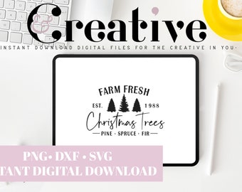 May include: A digital design for a Christmas tree farm logo. The logo features the text "Farm Fresh" above three stylized Christmas trees and the text "Christmas Trees" below. The text "Est. 1988" appears to the left of the trees and the text "-Pine Spruce Fir-" appears below the trees.