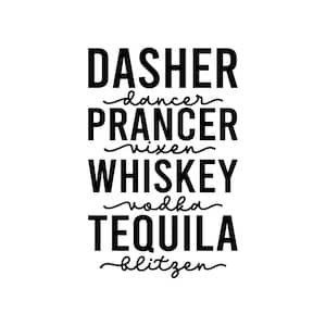 Puede incluir: Gráfico de texto en blanco y negro con los nombres de los renos Dasher, Dancer, Prancer, Vixen, Comet, Cupid, Donner, Blitzen, y los textos "Whiskey" y "Tequila" en lugar de los nombres de dos renos.