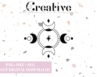 May include: Black and white digital download of a moon and star design with the text "Creative" and "Instant Download Digital Files for the Creative in You."