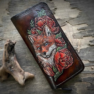 Cartera de cuero de camión largo Fox de grano completo tallada en relieve