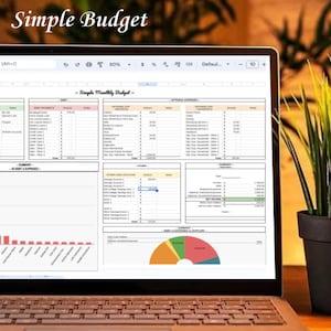 Puede incluir: Una pantalla de computadora portátil que muestra una hoja de cálculo con el título "Simple Monthly Budget". La hoja de cálculo incluye secciones para ingresos, gastos y un gráfico circular. La hoja de cálculo está sobre una mesa de madera con una planta en maceta en el fondo.