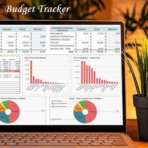 Könnte beinhalten: Ein Laptop-Bildschirm zeigt eine Budget-Tracker-Tabelle mit Diagrammen und Grafiken. Die Tabelle zeigt eine Aufschlüsselung der notwendigen Ausgaben, darunter Nebenkosten, individuelle Ausgaben und andere Kategorien. Die Diagramme zeigen die 15 wichtigsten Kategorien mit Überausgaben und die 21 wichtigsten Ausgaben nach tatsächlichen Kosten. Die Tabelle enthält auch Kreisdiagramme, die die Schulden oder Ausgaben im Vergleich zum Abfluss sowohl für budgetierte als auch für tatsächliche Ausgaben zeigen.