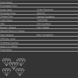Könnte beinhalten: Ein dunkelgraues Diamant-Mal-Logbuch mit weißem Text und Diamant-Illustrationen. Das Logbuch enthält Abschnitte für Designname, Künstlername, Leinwandgröße, Gesamtfarben und andere Details. Der Titel "My Diamond Painting Log" steht oben.