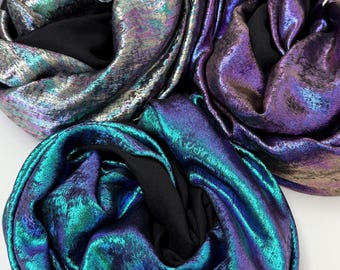 Iridescent Galaxy Foil Fabric by Yard, Purple Green Metallic Material Hologram for Kimonos, Kids, Dresses, Gowns, Costumes Crafts 115GSM