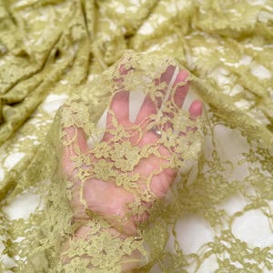 May include: Close-up of olive green lace fabric. The delicate floral pattern is visible throughout the sheer material. The fabric is draped, creating soft folds and shadows. The lace is held up, allowing light to pass through.