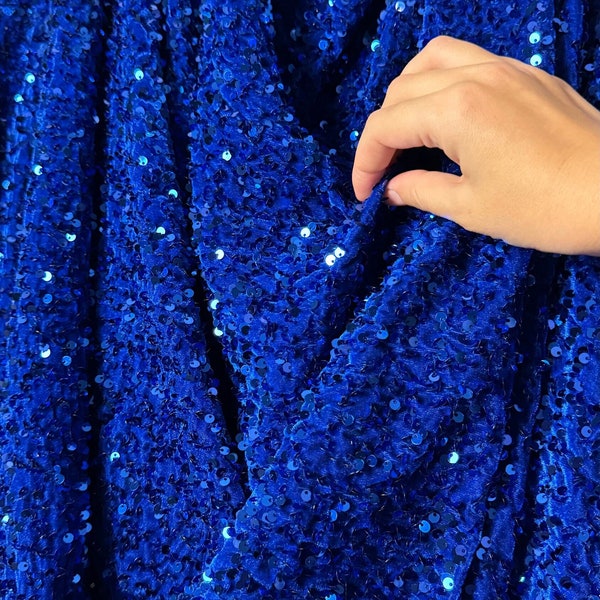 Royal Blue Sequin On Stretch Velvet, Fabric by the Yard, Sparkle Electric Blue Stretch Velvet with Sequins, for Gown, DYI Bows, Best Price