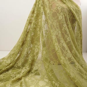 May include: A draped length of olive green lace fabric. The delicate floral pattern is visible throughout the sheer material. The fabric is draped over a mannequin, showcasing its flow and texture. Ideal for apparel or craft projects.