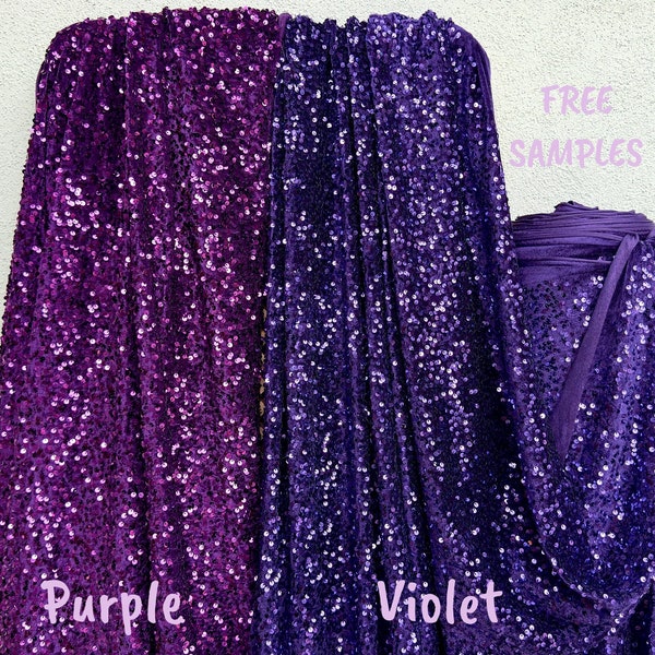 Purple Sequins on Stretch Velvet Fabric, Luxury Violet Sequined Fabric by the yard for Dresses Gowns, Bows, Premium Quality Lowest Price