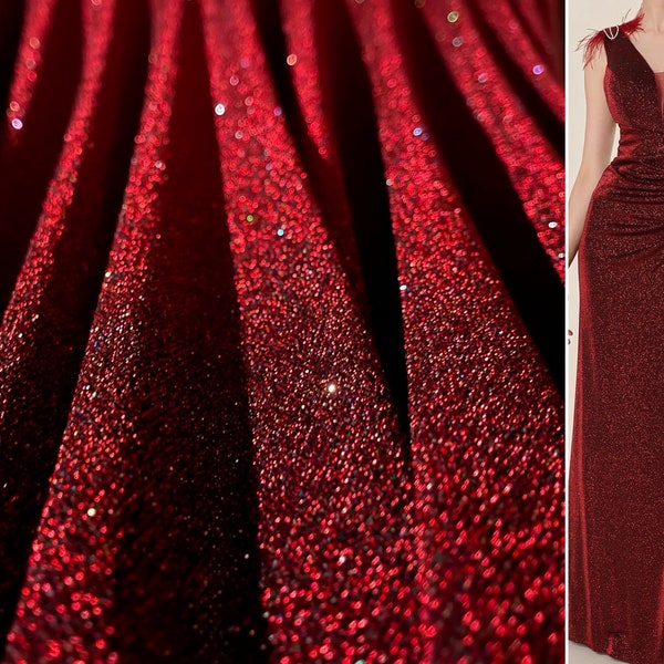 Lussuoso tessuto elasticizzato in 4 direzioni bordeaux lurex spandex glitterato, scintillio scintillante tagliato su misura per lo sfondo dell'abito abbigliamento da ballo materiale rosso per abiti da festa