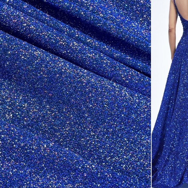 Royal Blue 4 Way Stretch Lurex Knit Fabric, Shimmery Dance Wear Fabric, Blue Glittery Nylon Spandex By Yard, Premium Quality Material