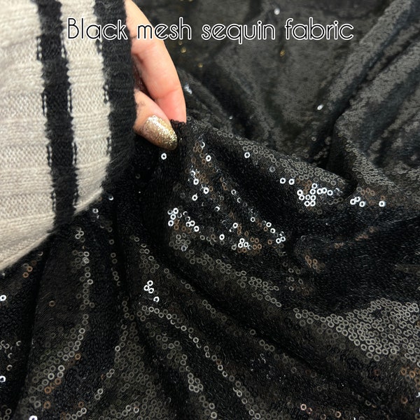 Black Sequin Fabric, Black Full Sequin Fabric, Glitz Full Sequins on Black Mesh, Sequin Tablecloth, Decor, Black Sequins Fabric by the Yard