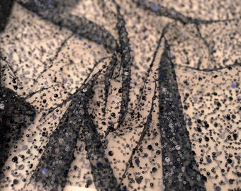 Black Beaded Lace Fabric by Yard, Luxury Shimmer Mesh with Pearls & Sequins for Bridal Gowns, Wedding Dresses, Veils, Event Decor, Crafts