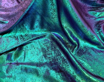 Iridescent Galaxy Foil Fabric by Yard, Teal and Purple Metallic Material Hologram for Kimonos, Kids, Dresses, Gowns, Costumes Crafts 115GSM