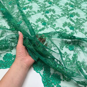 Green Floral Lace Fabric by Yard Embroidery Corded With Sequins Fabric Non Stretch Lace for Formal Wear, Bridal Gowns, Event Decoration