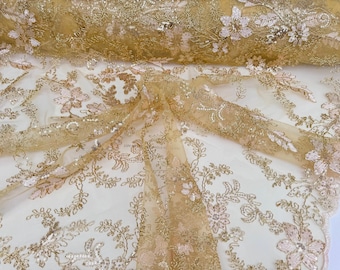 Gold Floral Lace Fabric By Yard, Embroidery Corded Lace Sequined Non Stretch, Yellow Material for Girls Dresses, Bows, Wedding Decor
