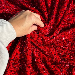Red Sequins on Stretch Velvet Fabric By Yard 2 Way Stretch Red Velvet Stephanie All-Over Sparkles Sequins, for Bridal Dresses, Gowns, Bows