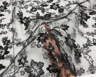 Black Floral Lace Fabric by yard Embroidery Corded With Sequins Fabric Non Stretch Sequined Embroidered On Lace for Dress Gowns, Event Decor